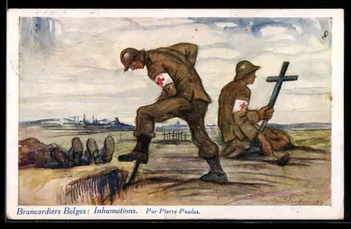 Künstler-AK sign. Pierre Paulus: Brancardiers Belges, Inhumations