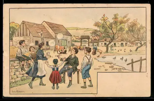 Künstler-AK sign. Jules Henault: Kinder beim Spiel neben dem Dorfteich