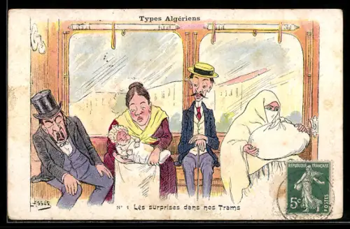 Künstler-AK sign. Assus: Types Algériens, Le susprises dans nos Trams