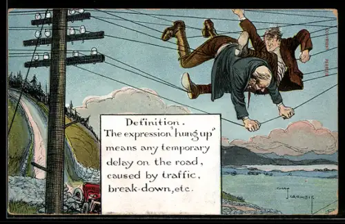 Künstler-AK sign. Crombie: Zwei Männer haben sich in Telegraphendrähten verfangen