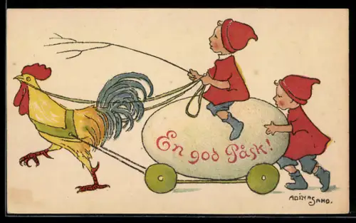 Künstler-AK sign. Sand: Zwei Kinder mit Ei von Hahn gezogen