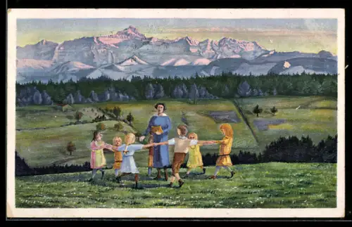 Künstler-AK sign. H. Müller: Winterabschied, Kinder beim Reigentanzen