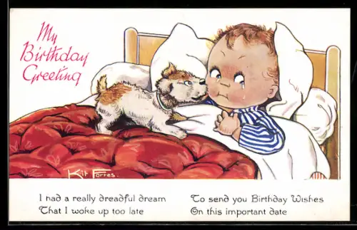 Künstler-AK sign. Kit Forres: Kleines Kind im Bett mit Hund