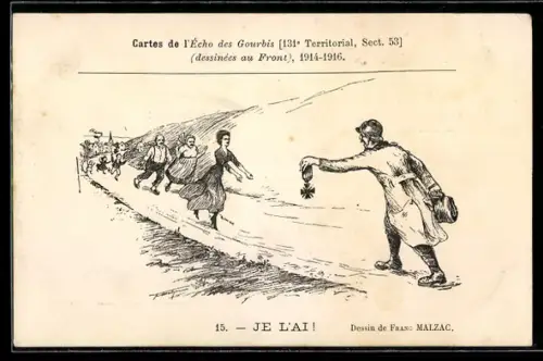 Künstler-AK Franc Malzac: Ein französischer Soldat kehrt zu seiner Familie zurück mit einem Croix de Guerre