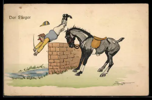 Künstler-AK sign. Schreitter: Jockey wird vom Pferd an einer Mauer abgeworfen