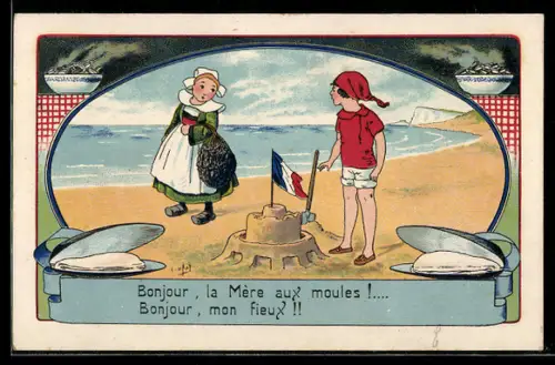 Künstler-AK sign. E. Drot: Junge beim Bau einer Sandburg begegnet Mädchen am Strand