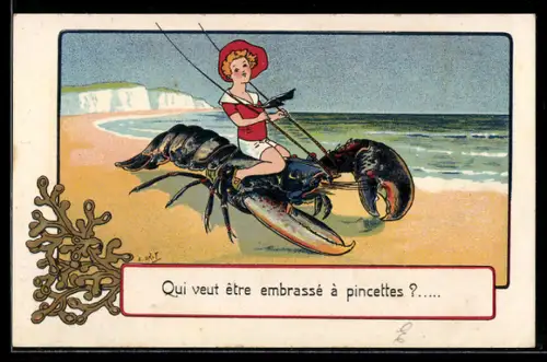 Künstler-AK sign. E. Drot: Mädchen reitet auf grossem Hummer