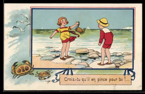 Künstler-AK sign. E. Drot: Mädchen wird am Strand von einer Krabbe gekniffen