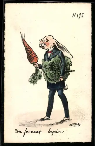 Künstler-AK sign. A. Molynk: Eleganter Hase mit einer grossen Karotte