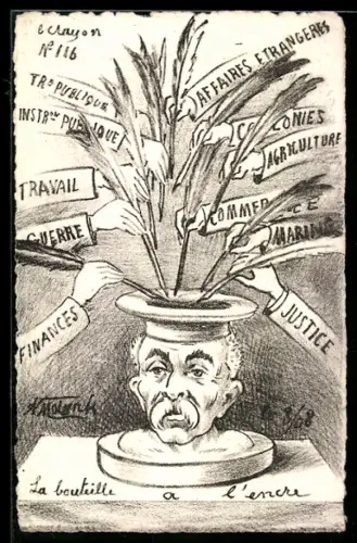 Künstler-AK sign. A. Molynk: Mann als Tintenfass