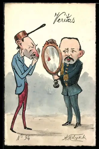 Künstler-AK sign. A. Molynk: Mann mit Topf auf dem Kopf und langer Nase bekommt einen Handspiegel vorgehalten