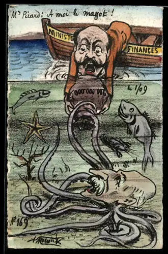 Künstler-AK sign. A. Molynk: Dem Finanzministerium wird ein Sack voller Geld von einem Kraken gestohlen