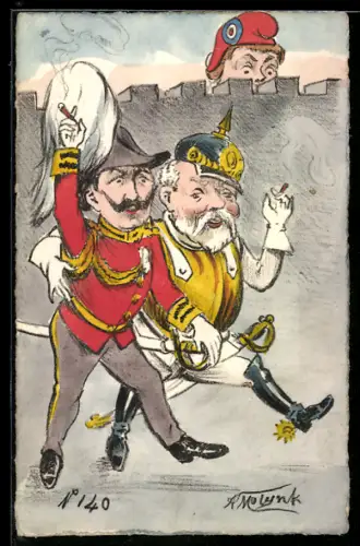 Künstler-AK sign. A. Molynk: Kaiser Wilhelm schlendert rauchend an einer Mauer entlang und wird beobachtet