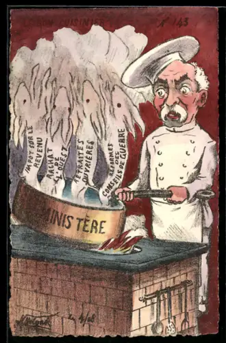 Künstler-AK sign. A. Molynk: Lesson cuisinier, Reformen werden durch das Ministerium gebraten