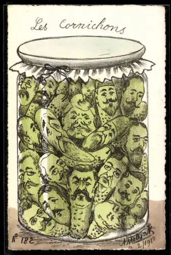Künstler-AK sign. A. Molynk: Les Cornichons, Politiker in einem Gurkenglas