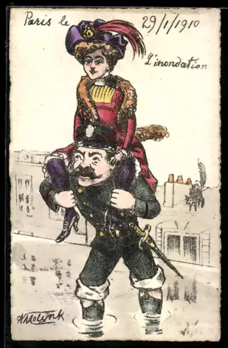 Künstler-AK sign. A. Molynk: Französischer Soldat nimmt Dame Huckepack