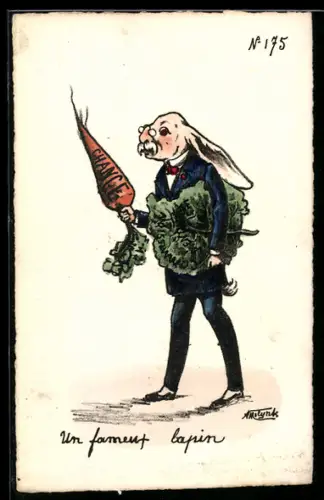 Künstler-AK sign. A. Molynk: Eleganter Hase mit grosser Karotte, auf der Change steht