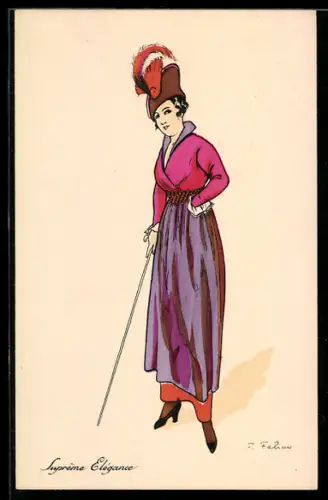 Künstler-AK sign. Fabian: Elegante Dame in farbenfroher Kleidung