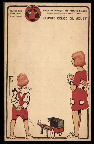 Künstler-AK sign. Fox: Kinder mit einer Puppe und einem Spielzeughaus