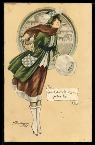 Künstler-AK sign. Cherubini: Elegant gekleidete Dame mit einem Muff