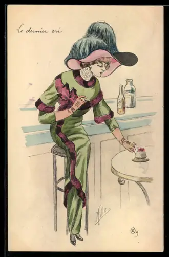 Künstler-AK sign. Mille: Hübsche Dame auf einem Barhocker