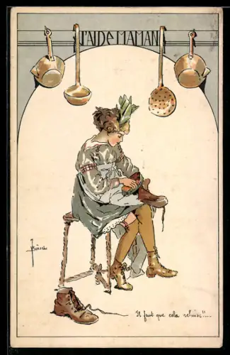 Künstler-AK sign. Büssche: Kind beim Putzen von Schuhen