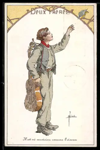 Künstler-AK sign. Büssche:Junge mit Gitarre auf dem Rücken streckt die Hand nach einem Vogel aus