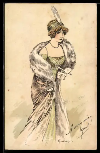 Künstler-AK sign. Gueroy: Elegante Dame mit einem Pelzmantel