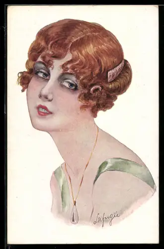 Künstler-AK sign. Lafugie: Hübsche Dame mit roten Haaren und Halskette