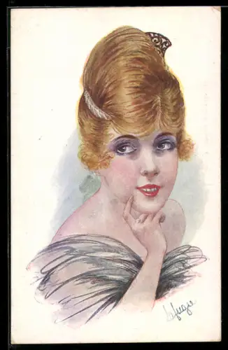 Künstler-AK sign. Lafugie: Hübsche Dame stützt das Kinn auf ihre Hand