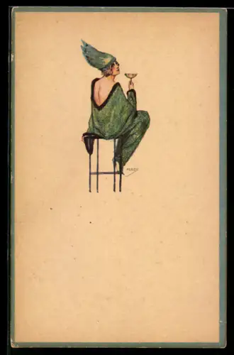 Künstler-AK sign. Fredy: Hübsche Dame mit einem Champagnerglas und freiem Rücken