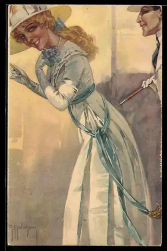 Künstler-AK sign. Malugani: Lächelnde Dame beugt sich leicht nach vorn