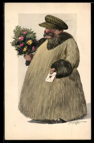 Künstler-AK sign. v. Schreitter: Mann mit Blumenstrauss, Brief und dickem Mantel