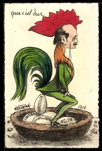 Künstler-AK sign. A. Molynk: Edmond Rostand in Hühnerform legt Eier, darunter Cyrano de Bergerac