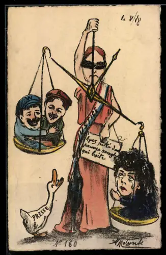 Künstler-AK sign. A. Molynk: Justizia mit einer sehr unausgeglichenen Waage