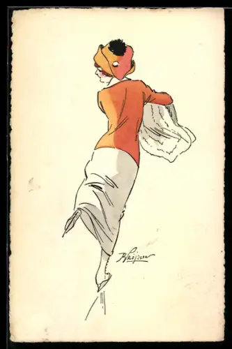 Künstler-AK sign. Prejelan: Elegante Dame läuft auf Schlittschuhen