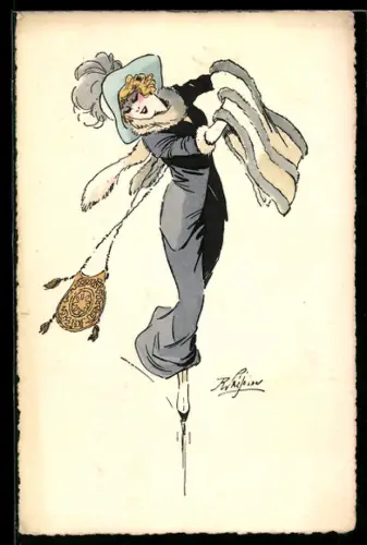 Künstler-AK sign. Prejelan: Elegante Dame läuft auf Schlittschuhen