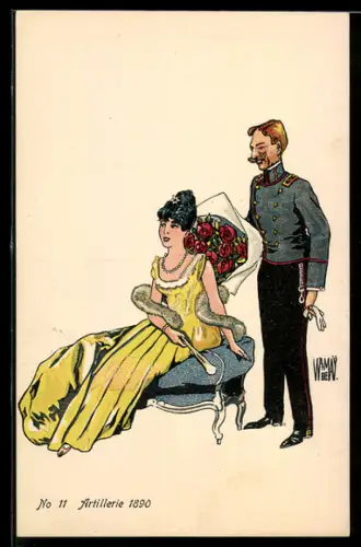 Künstler-AK sign. W. von May: ein schweizer Artillerieoffizier bringt seiner Angebeteten einen Blumenstrauss