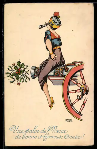 Künstler-AK sign. De Wamay: Dame in eleganter Kleidung sitzt auf einer Kanone