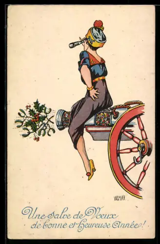 Künstler-AK sign. De Wamay: Elegante Game sitzt auf einer Kanone