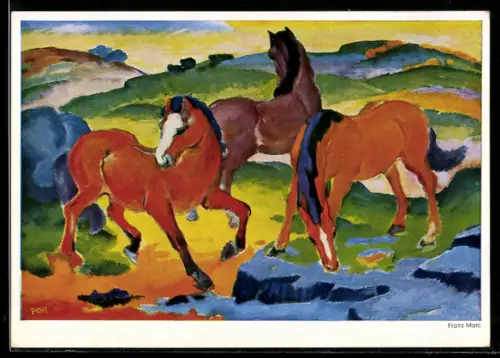 Künstler-AK sign. Franz Marc: Drei Wildpferde auf bunten Hügeln, Bauhaus