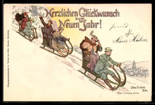 Künstler-AK sign. Otto Andres: Schlittenfahrer auf dem Weg bergab, Neujahrsgruss