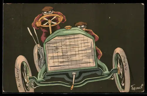 Künstler-AK sign. Fernel: Männer auf einem alten Auto