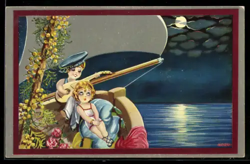 Künstler-AK sign. Bonora: Pärchen bei Nacht auf einem Boot