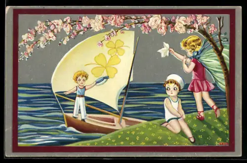 Künstler-AK sign. Bonora: Kind setzt die Segel und hinterlässt zwei traurige Mädchen