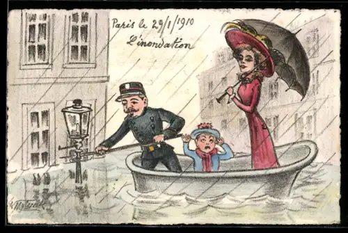 Künstler-AK sign. A. Molynk: Polizist, Kind und elegante Dame auf einem Boot im überfluteten Paris