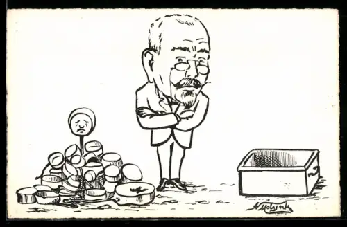 Künstler-AK sign. A. Molynk: Mann mit verschränkten Armen steht neben einem Haufen Kochtöpfe