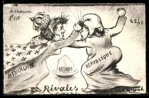 Künstler-AK sign. Molynk: Monarchie und Republik als Rivalen