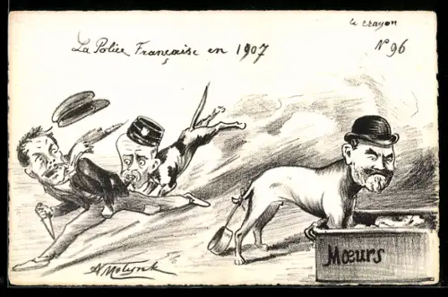 AK Karikatur der französischen Polizei 1907, Polizisten als Hunde dargestellt