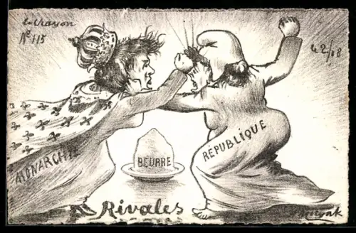Künstler-AK sign. A. Molynk: Monarchie und Republik prügeln sich